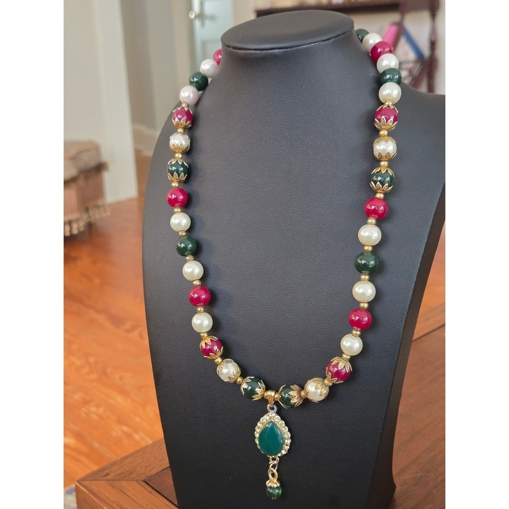 Pearl Ruby Jade Colored Beaded Necklace Faux Emerald Pendant Vintage READ